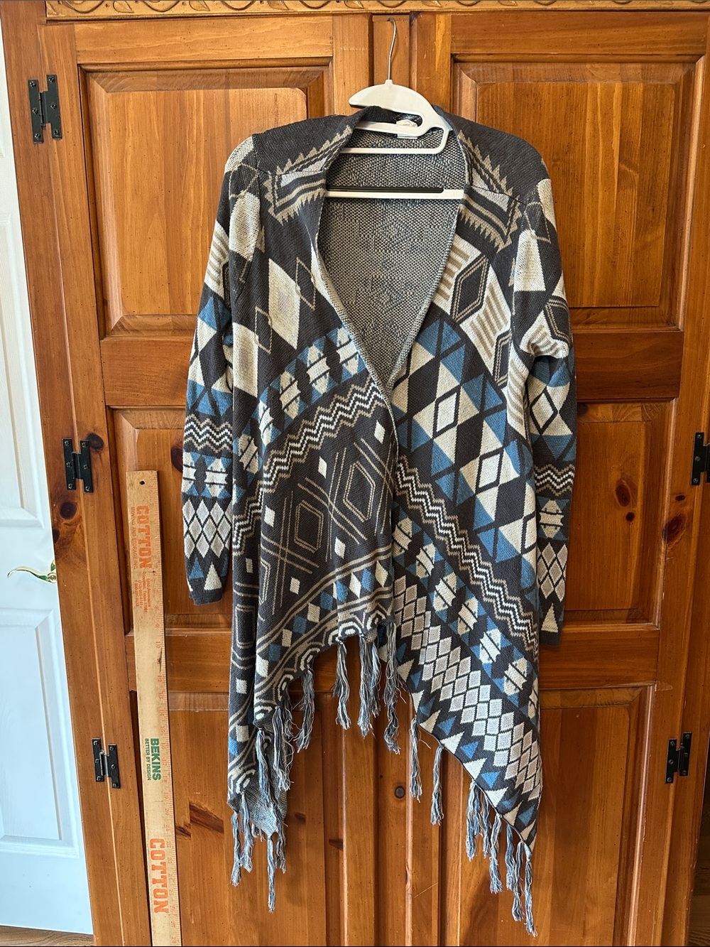 Sun & Shadow Aztec Fringed Open-Front Cardigan in Brown and Blue L
